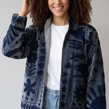 veste suzani velours bleu gris foncé