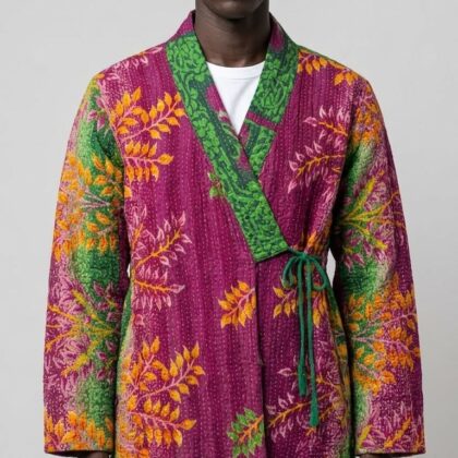 veste unisexe réversible en kantha orange verte