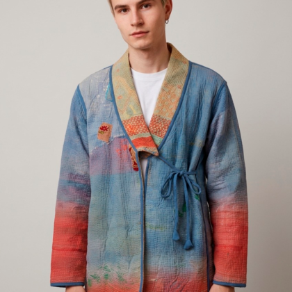 veste kimono unisexe kantha bleu orange réversible coucher de soleil
