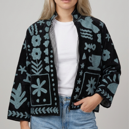 veste suzani velours noir broderies modernes peace and love